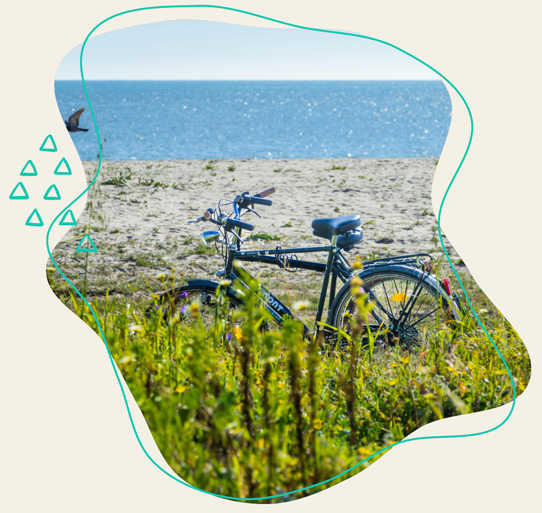 Ein schönes Strand im Hintergrund mit zwei Fahrrädern in der Umgebung beim WDL Dünenhof